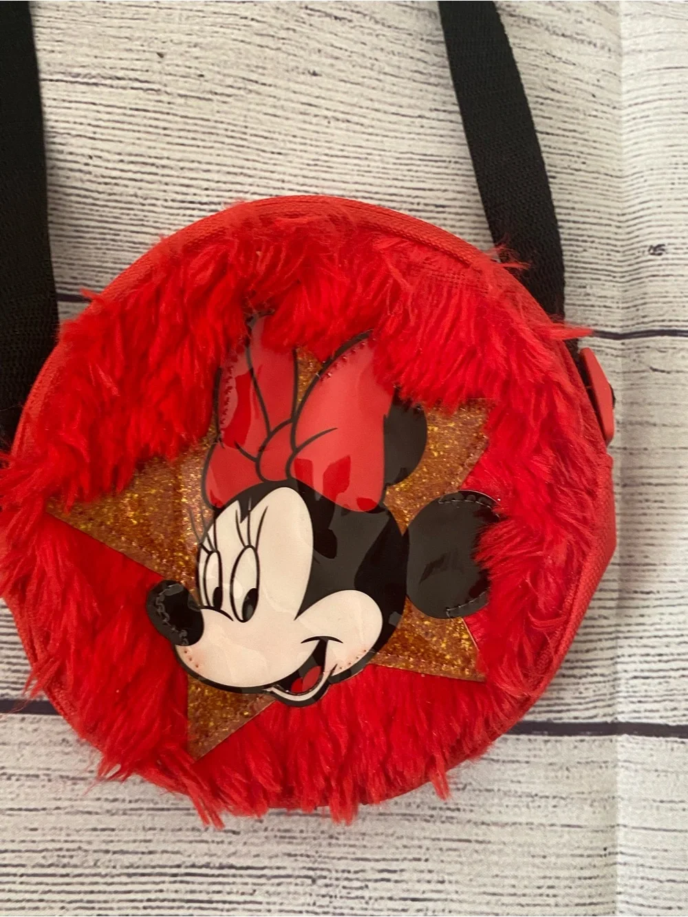 Disney Red Minnie Mouse Plush Round Crossbody Bag with Black Strap